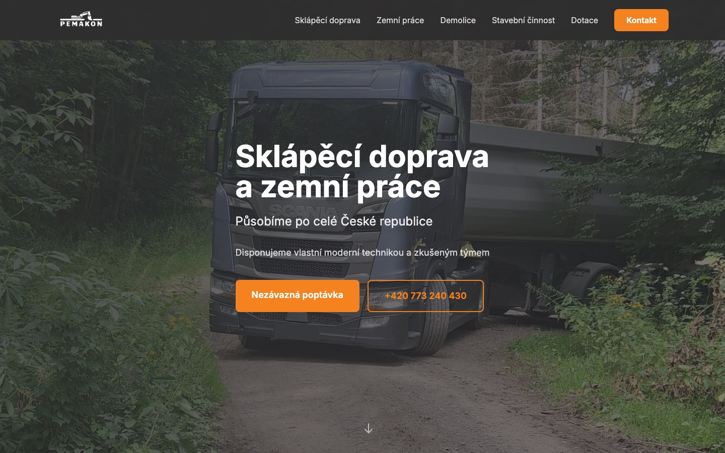 Screenshot webu pemakon.cz - sklápěcí doprava a zemní práce