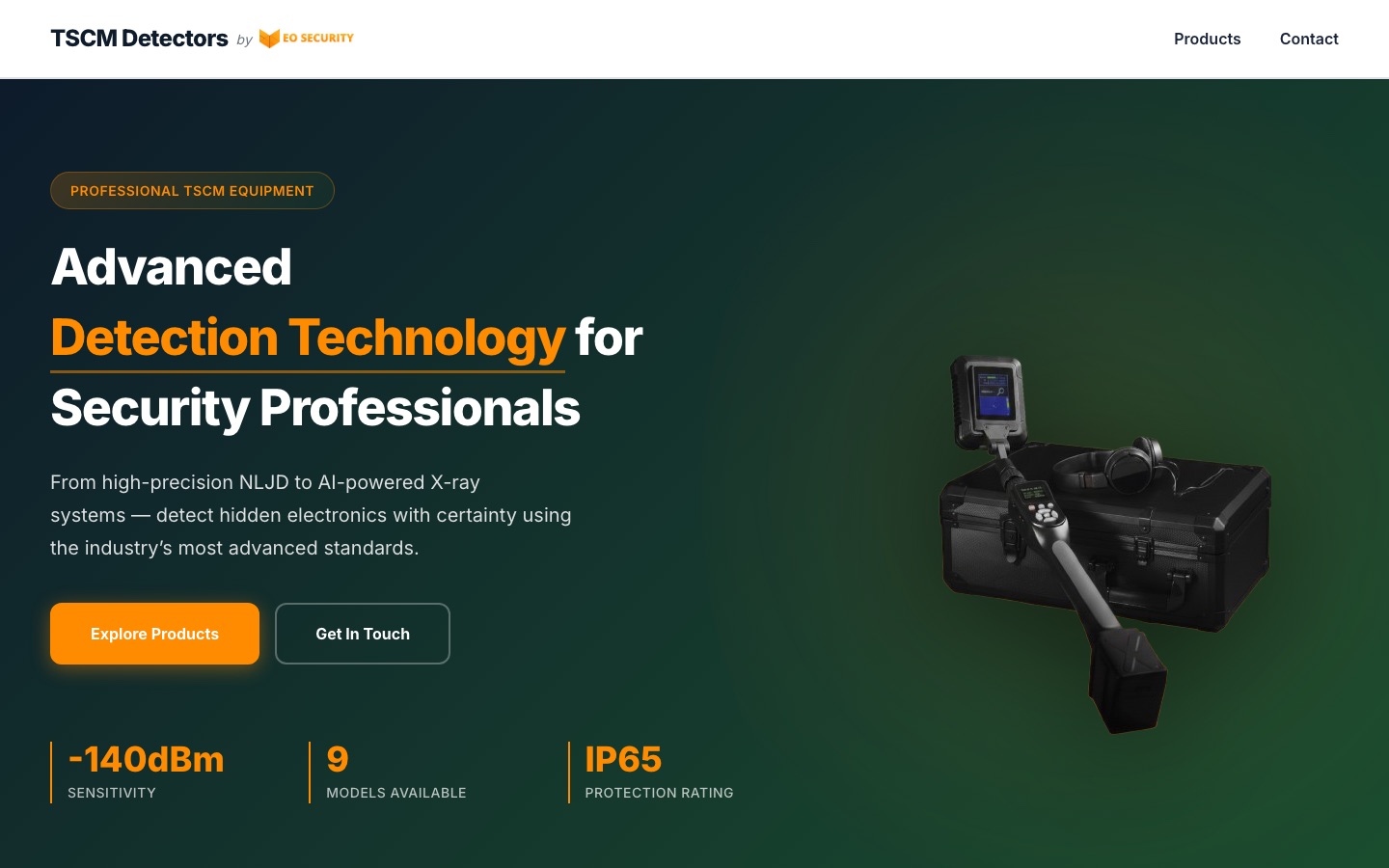 Screenshot webu tscm-detectors.com - mezinárodní e-shop s detekční technologií