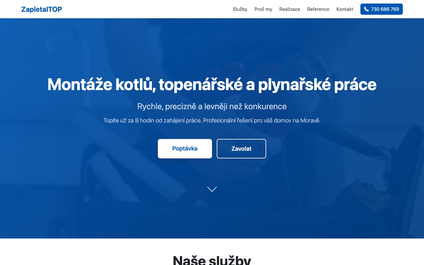 Screenshot webu zapletaltop.cz - instalatérské a topenářské služby